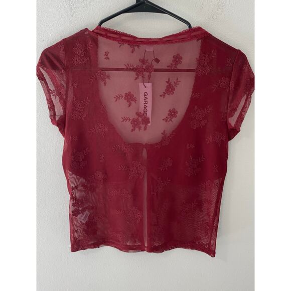 New Garage Denim Embroidered Mesh Tie Front Lace Top Size Small - Picture 3 of 3